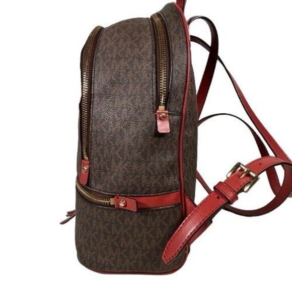 Rare Michael Kors Rhea Zip Backpack Signature Logo Red Snakeskin Suede Stripe - Picture 4 of 16